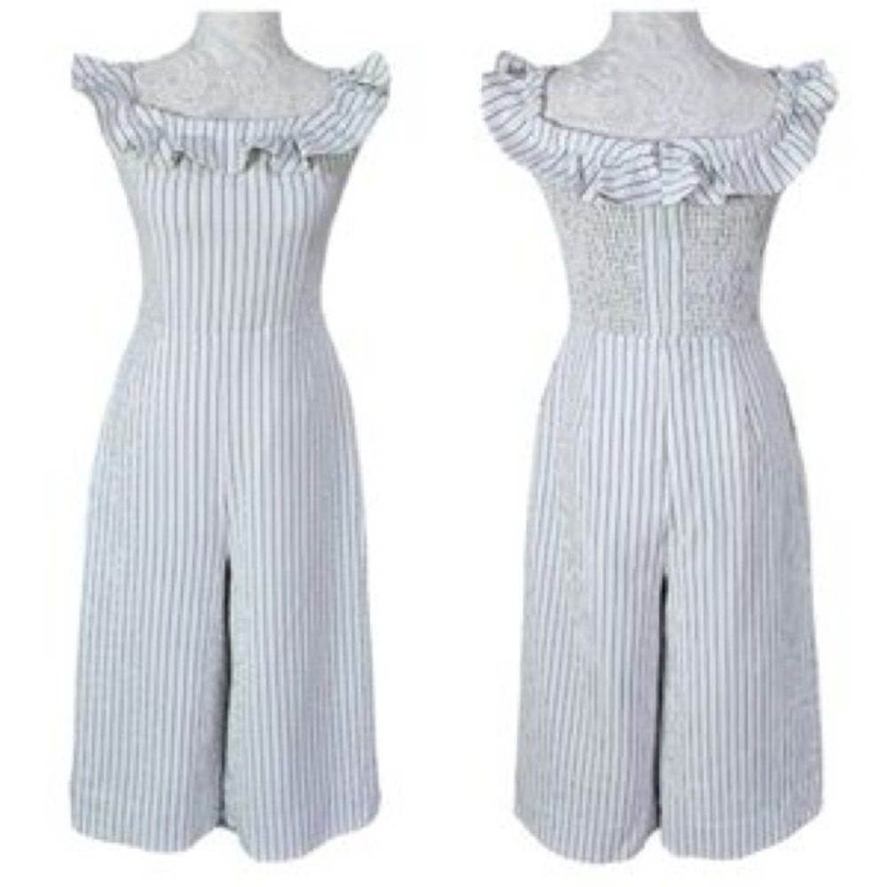 English Factory Off the Shoulder Ruffled Striped Jumpsuit